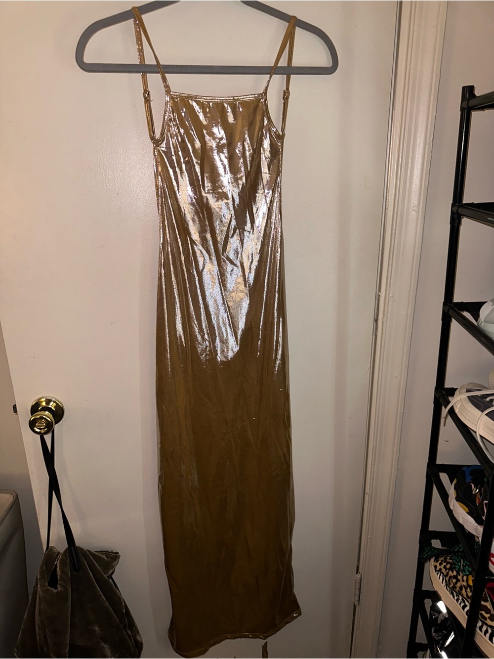 Metallic Gold Slip Midi Dress with Adjustable Straps
